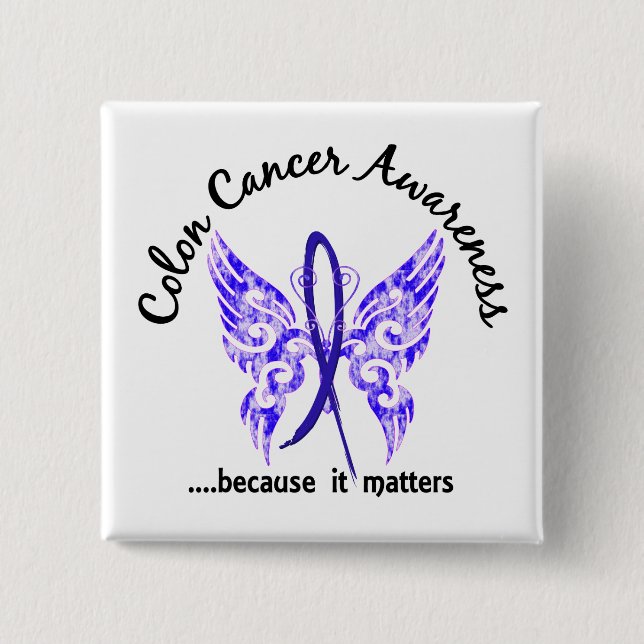 Grunge Tattoo Butterfly 6.1 Colon Cancer 2 Inch Square Button (Front)