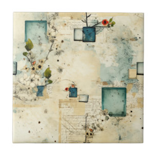 Grunge Teal Botanical Frame Parchment Scrapbook Tile