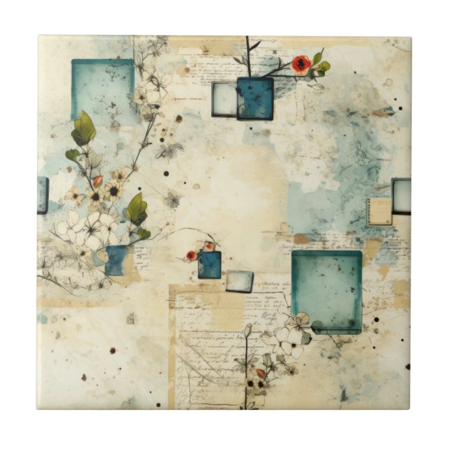 Grunge Teal Botanical Frame Parchment Scrapbook Tile (Front)