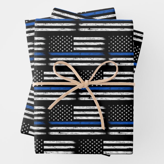 Grunge Thin Blue Line Police Officer Retirement Wrapping Paper Sheet (In situ)
