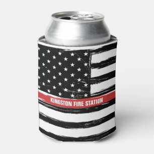 Grunge Thin Red Line Fire Station Flag Name Can Cooler