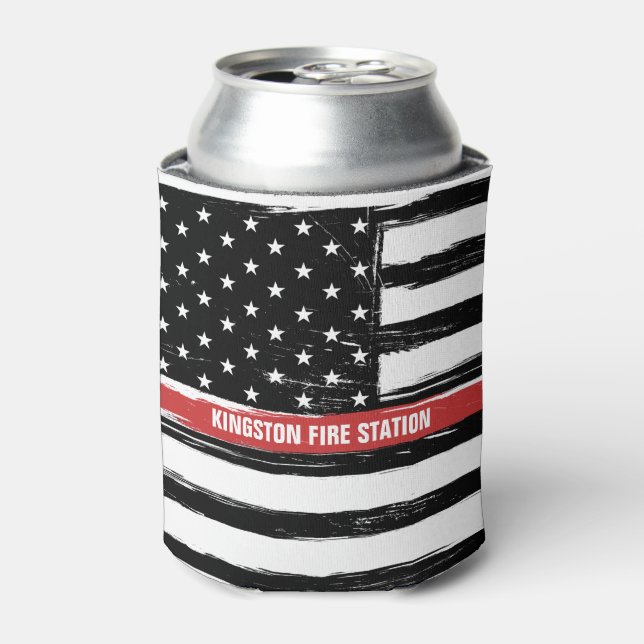 Grunge Thin Red Line Fire Station Flag Name Can Cooler (Can Front)