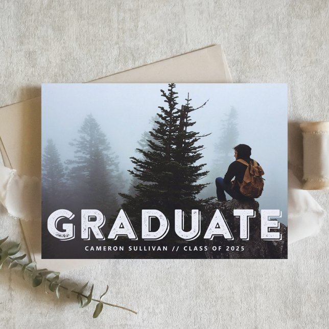 Grunge Typography Photo Graduation Invitation (Customizable photo graduation invitation featuring rustic typography.)