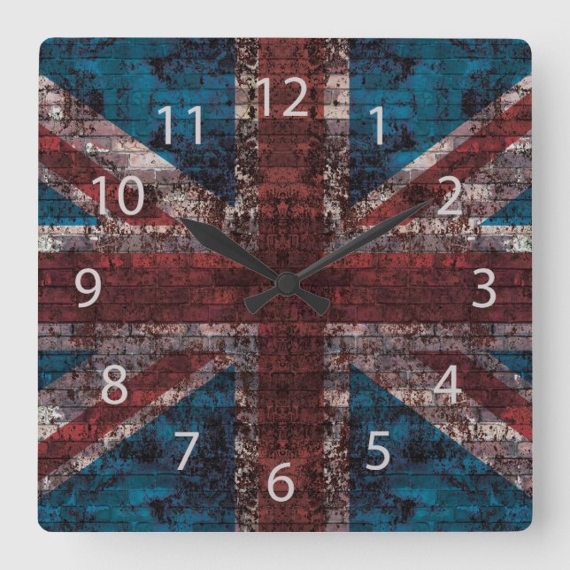 grunge Union Jack on brick Square Wall Clock (Front)