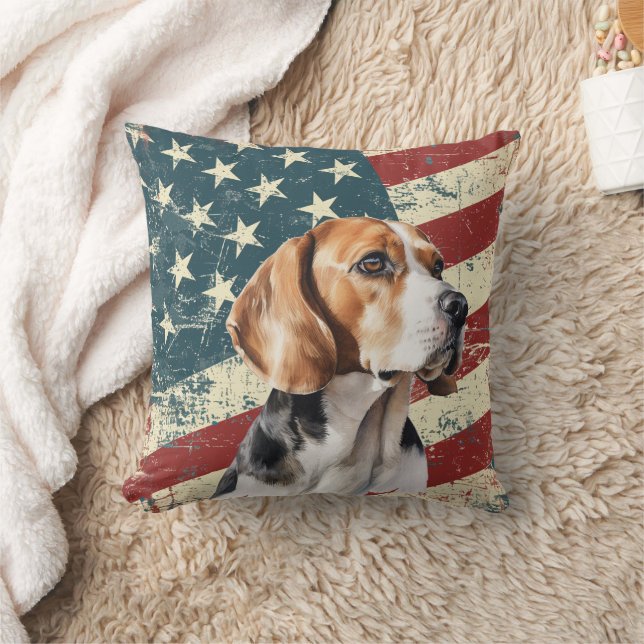 Grunge USA Flag Beagle Hound Dog Throw Pillow (Blanket)