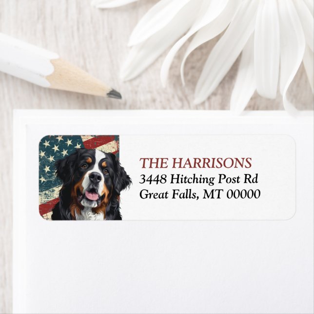 Grunge USA Flag Bernese Mtn Dog Return Address (Insitu)