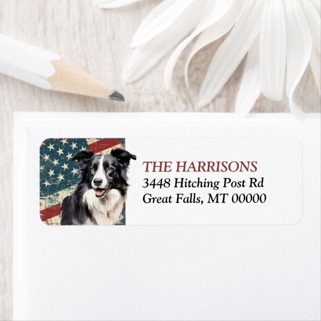 Grunge USA Flag Border Collie Dog Return Address (Insitu)