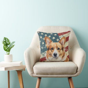 Grunge USA Flag Corgi Dog Throw Pillow