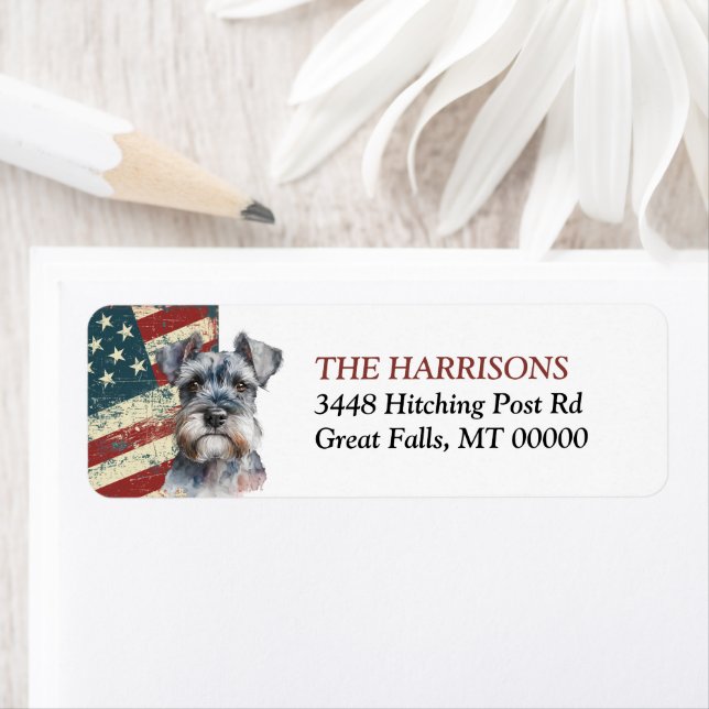 Grunge USA Flag Miniature Schnauzer Return Address (Insitu)