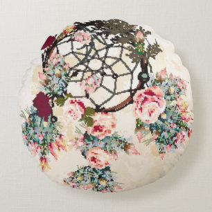 Grunge vintage bo-ho background with Indian dream- Round Pillow
