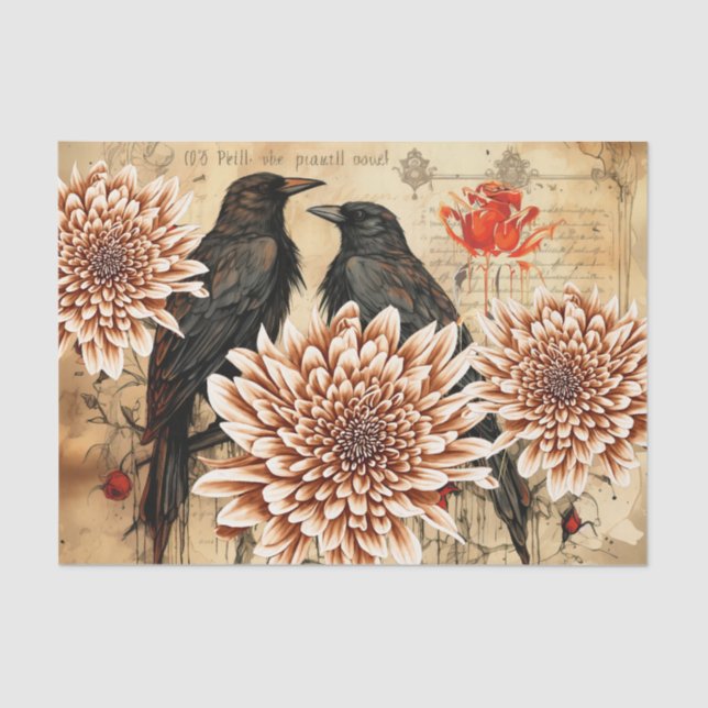 Grunge Vintage Inspired Flowers & Ravens Tissue Paper (Front)