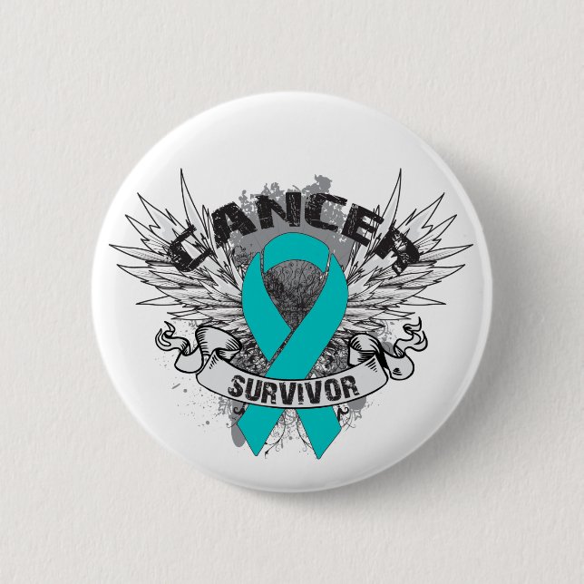 Grunge Winged Ribbon Ovarian Cancer Survivor 2 Inch Round Button (Front)