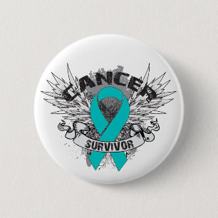 Grunge Winged Ribbon Ovarian Cancer Survivor 2 Inch Round Button