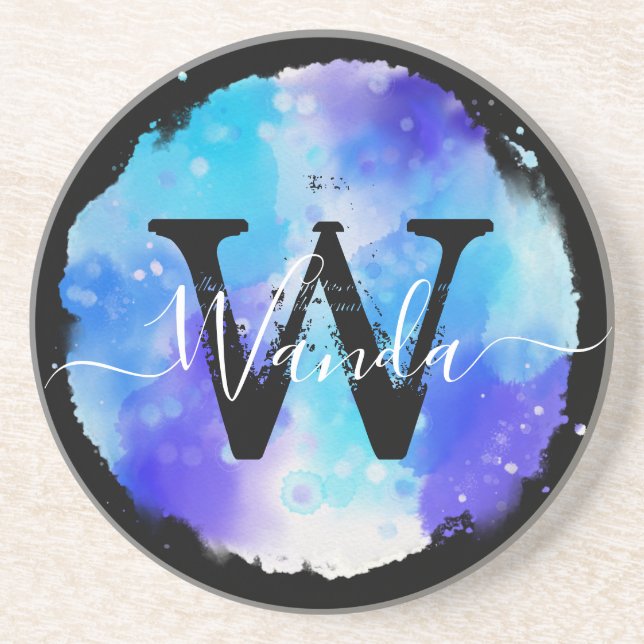 Grungey Blue Watercolor Monogram Calligraphy Coaster (Front)