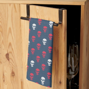 Grungy Anatomical Skull Polkadots red blue white Kitchen Towel