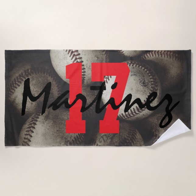 Grungy Baseballs on a Shelf Jersey Number & Name Beach Towel (Front)