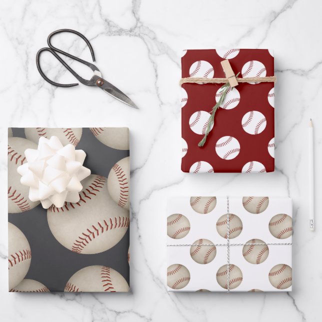 grungy baseballs softballs coordinating set of 3 wrapping paper sheet (Front)