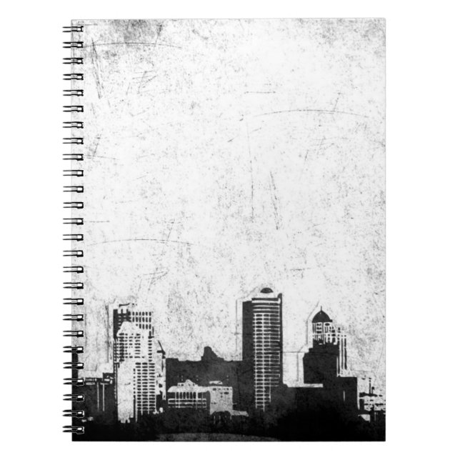 Grungy city background in black and white notebook (Front)