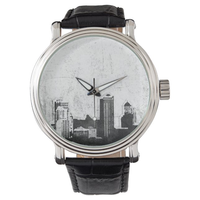 Grungy city background in black and white watch (Front)
