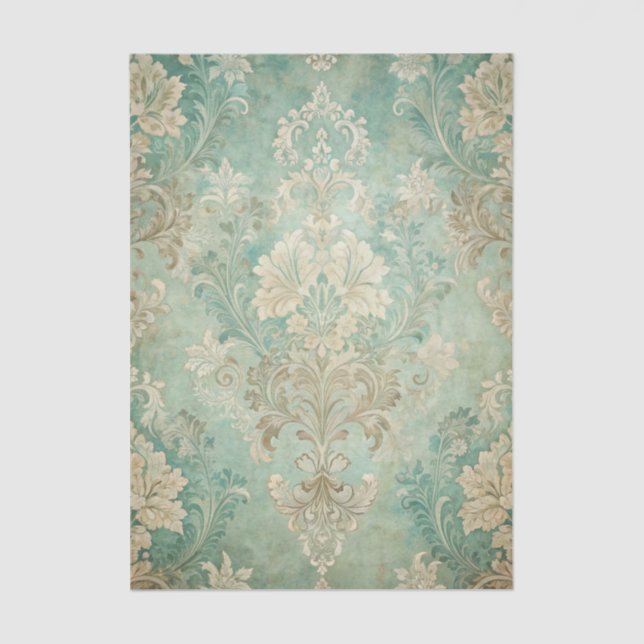 Grungy Damask Pattern in Shades of Teal Blues Tissue Paper (Front)