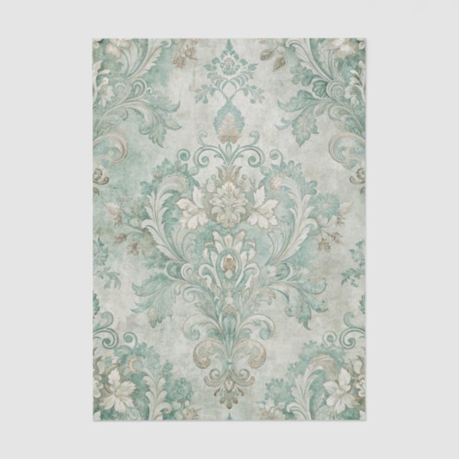 Grungy Damask Pattern in Shades of Teal Green Tissue Paper (Front)