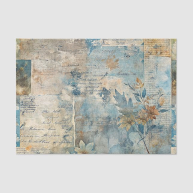 Grungy Distressed Blue Floral Ephemera Collage Tissue Paper (Front)