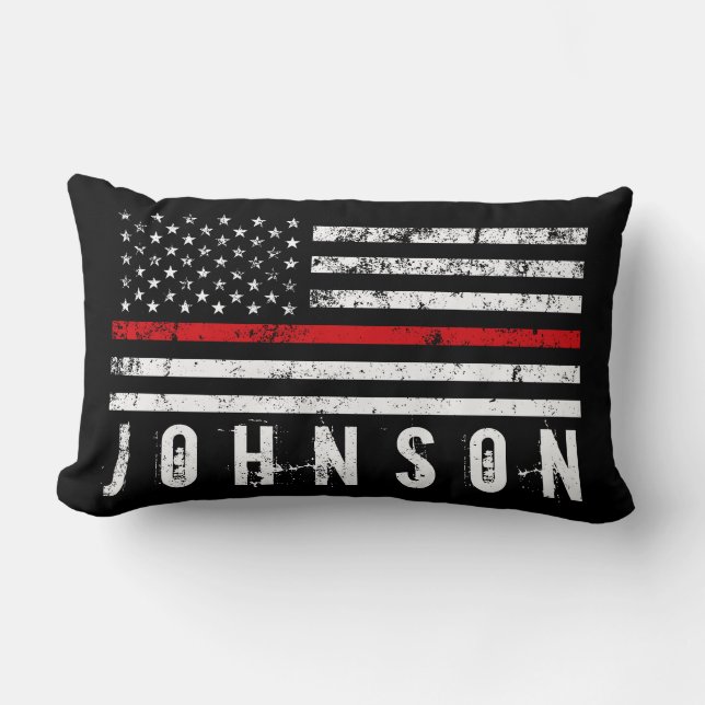 Grungy Fireman Styled American Flag Custom Name Lumbar Pillow (Front)