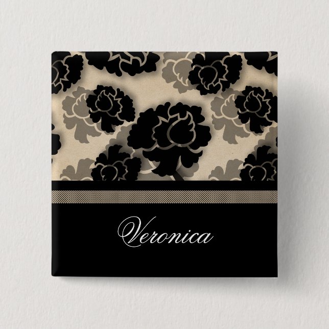 Grungy Floral Decadence Button, Ivory Beige 2 Inch Square Button (Front)