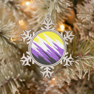 Grungy Funky ZigZag Abstract Nonbinary Pride Flag Snowflake Pewter Christmas Ornament