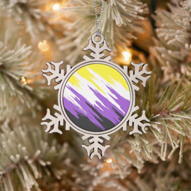 Grungy Funky ZigZag Abstract Nonbinary Pride Flag Snowflake Pewter Christmas Ornament (Tree)