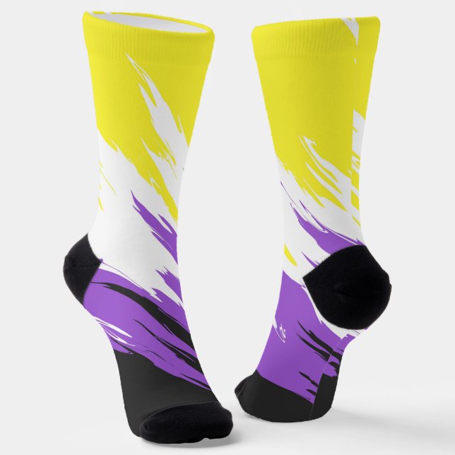 Grungy Funky ZigZag Abstract Nonbinary Pride Flag Socks (Angled)
