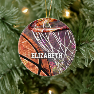 Grungy Girly Basketball and hoop her name Ceramic Ornament