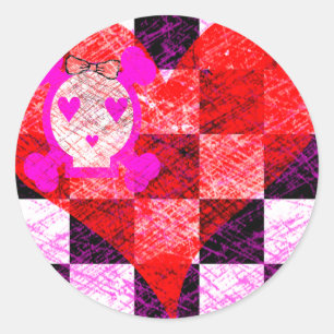 GRUNGY GIRLY SKULL HEART CHECKERS CLASSIC ROUND STICKER