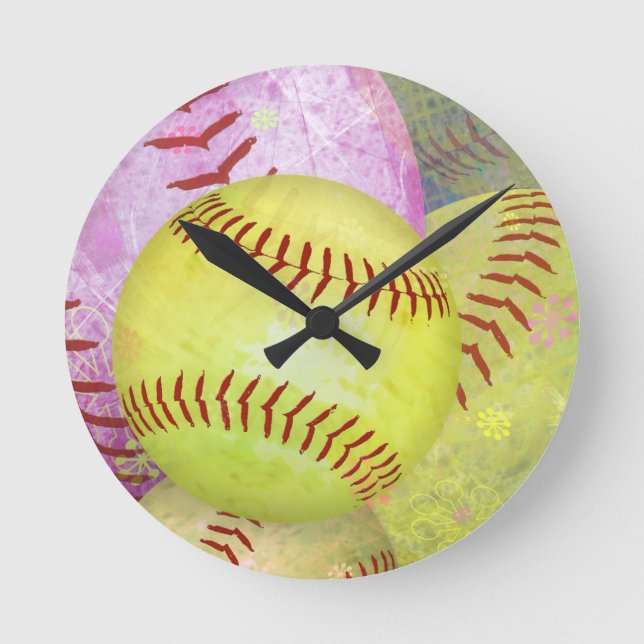 Grungy Girly Softball Round Clock (Front)