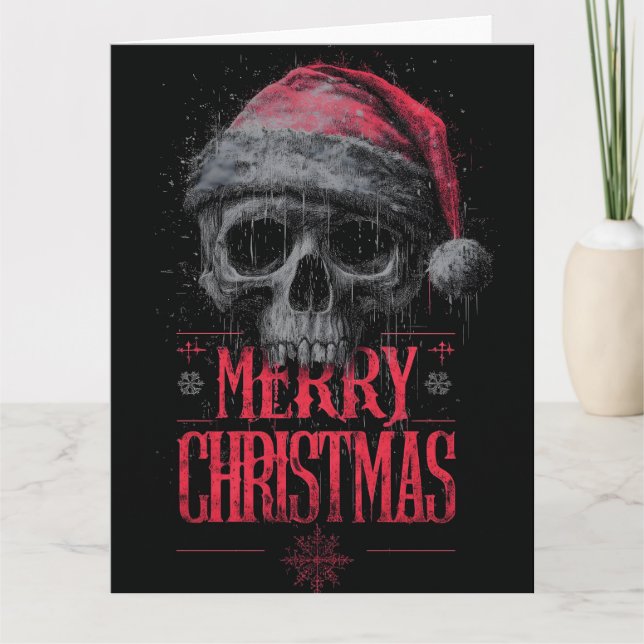 Grungy Gothic Skull Wearing a Distressed Santa Hat Card (Front)