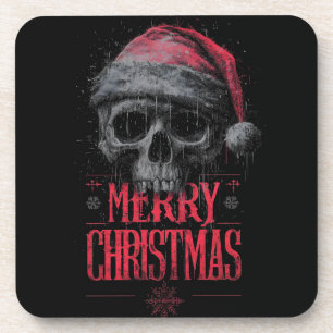 Grungy Gothic Skull Wearing a Distressed Santa Hat Coaster
