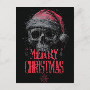 Grungy Gothic Skull Wearing a Distressed Santa Hat Holiday Postcard
