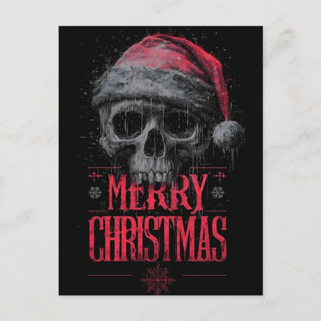 Grungy Gothic Skull Wearing a Distressed Santa Hat Holiday Postcard (Front)