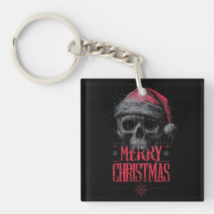 Grungy Gothic Skull Wearing a Distressed Santa Hat Keychain