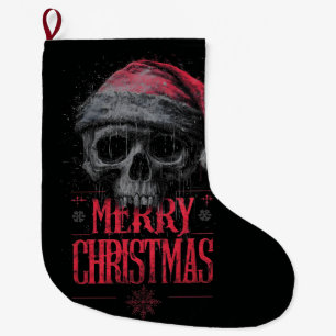 Grungy Gothic Skull Wearing a Distressed Santa Hat Large Christmas Stocking