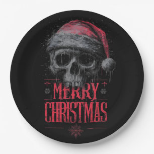 Grungy Gothic Skull Wearing a Distressed Santa Hat Paper Plate