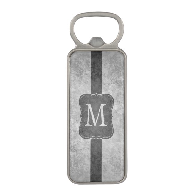 Grungy grey monogram magnetic bottle opener (Front Vertical)