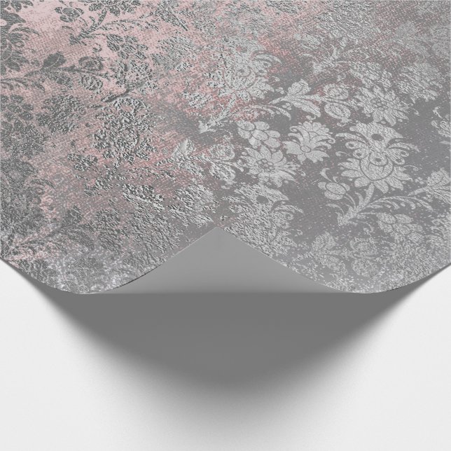 Grungy Grey Pink Rose Silver Powder Blush Floral Wrapping Paper (Corner)