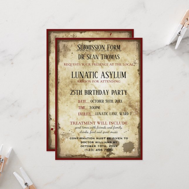 Grungy Lunatic Asylum Birthday Invitation (Front/Back In Situ)