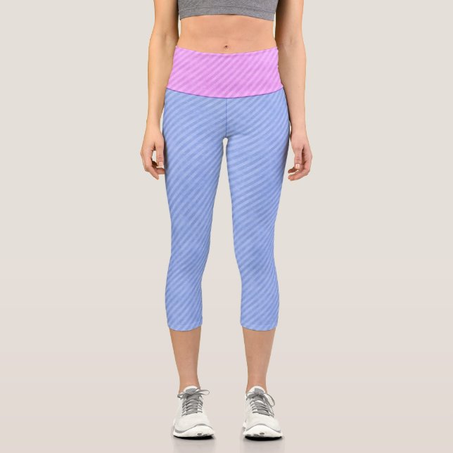 Grungy Pink and Blue Stripes Capri Leggings (Front)