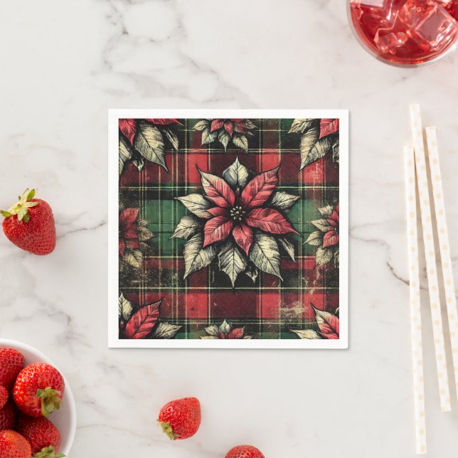 Grungy Poinsettia Plaid Fabric Decoupage Paper Napkin (Insitu)