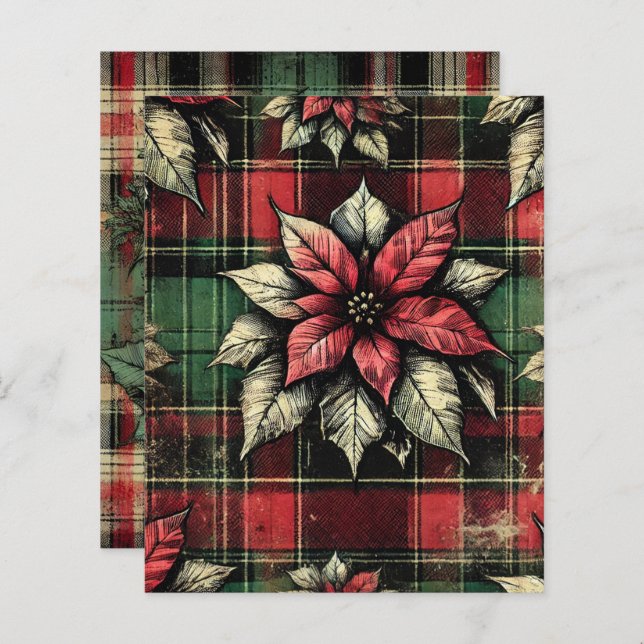 Grungy Poinsettia Plaid Fabric Scrapbook Paper (Front/Back)