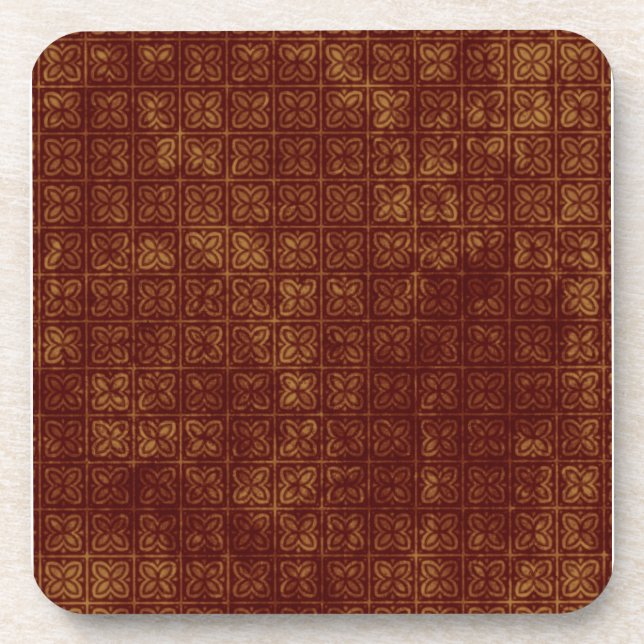 Grungy Red and Gold Floral Pattern Coaster (Front)