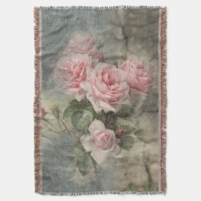 GRUNGY ROSES - Vintage Flowers Throw Blanket (Front Vertical)