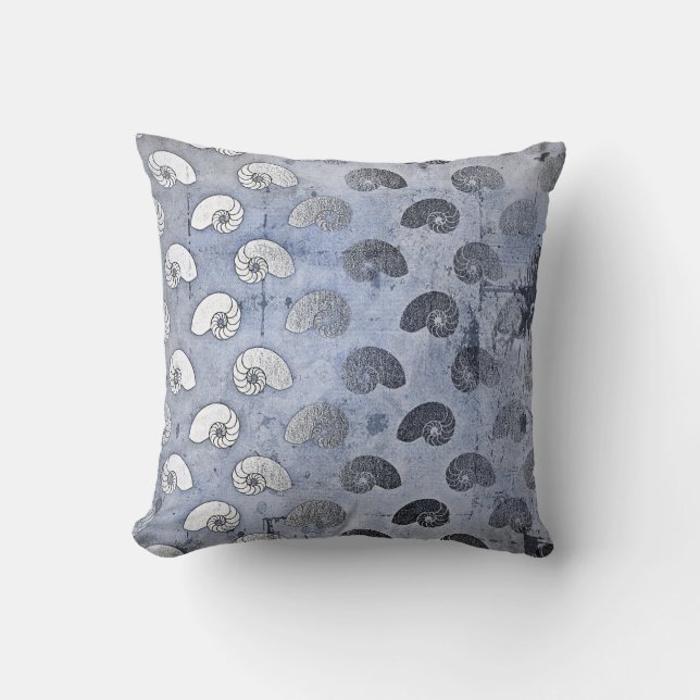 Grungy Silver Grey Blue Seashells Ocean Beach Throw Pillow (Front)